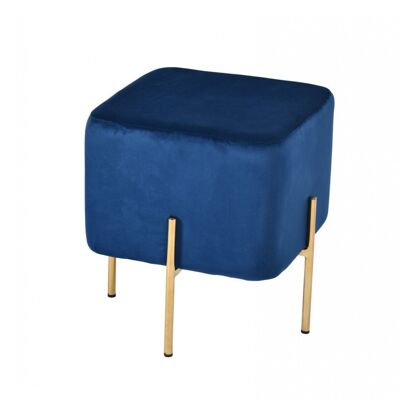 Compact Blue Velvet And Gold Metal Square Ottoman
