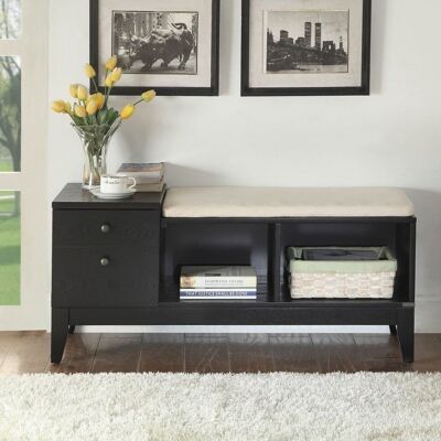 Black Finish Wood And Fabric Bench With Storage