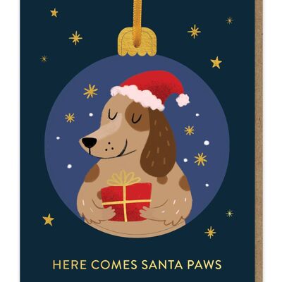Tarjeta de adorno navideño desplegable con diseño de perro con patas de Papá Noel | Ornamento