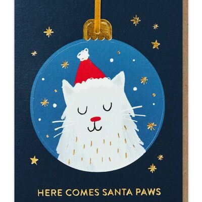 Tarjeta de adorno navideño desplegable con diseño de gato con patas de Papá Noel | Ornamento