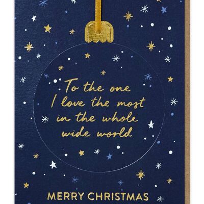 Tarjeta navideña desplegable One I Love con adornos navideños | Ornamento
