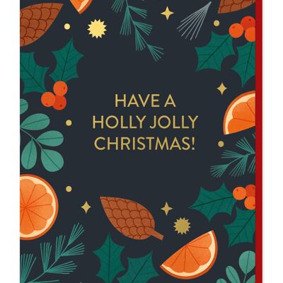 Tarjeta de Navidad Holly Jolly | Tarjeta de lujo con lámina dorada