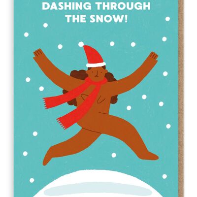 Cartolina di Natale correndo attraverso la neve | Nudo | Sfacciato