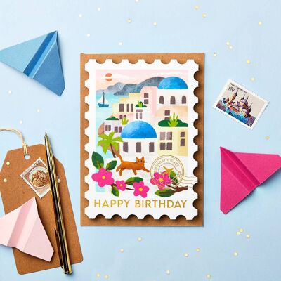 Biglietto d'auguri con francobollo di Santorini | Carte a tema viaggio