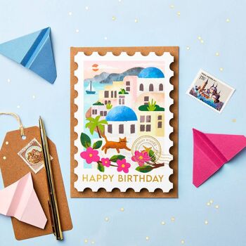 Carte d’anniversaire du timbre de Santorin| Cartes sur le thème du voyage 1