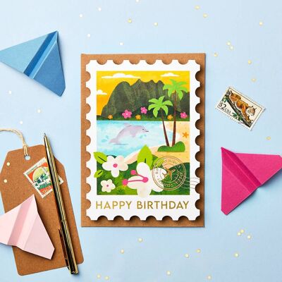 Carte d’anniversaire de timbre d’Hawaï| Cartes sur le thème du voyage
