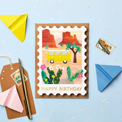 Biglietto di auguri di compleanno con timbro camper | Carte a tema viaggio