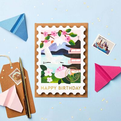 Biglietto d'auguri con timbro Monte Fuji| Carte a tema viaggio