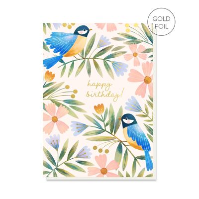 Teta azul floral | Tarjeta de cumpleaños floral y de pájaros