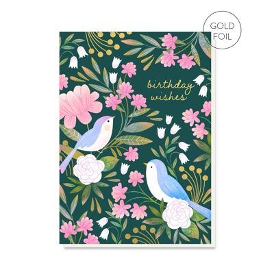 Flor del pájaro azul | Tarjeta de cumpleaños floral y de pájaros