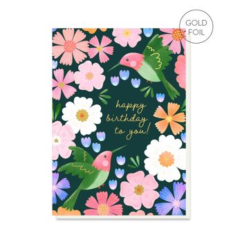 Fleur de colibri | Carte d'anniversaire oiseau et floral 1