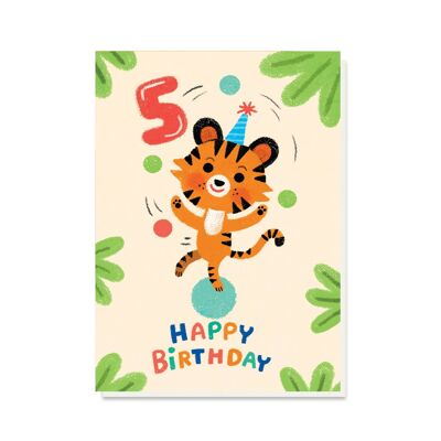 Biglietto con tigre giocoleria per il 5° compleanno | Carta per bambini neutrale rispetto al genere