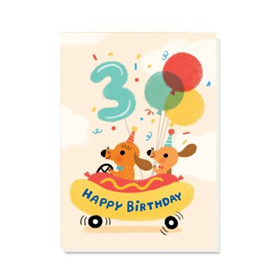 Tarjeta del coche del perrito caliente del 3ro cumpleaños | Tarjeta infantil de género neutro