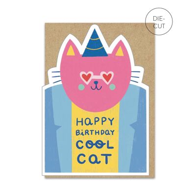Tarjeta de cumpleaños del gato fresco | Tarjeta de cumpleaños de gato troquelada