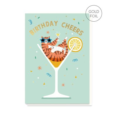 Carte d’anniversaire de chat cocktail | Carte d'anniversaire de luxe en feuille d'or