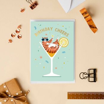 Carte d’anniversaire de chat cocktail | Carte d'anniversaire de luxe en feuille d'or 3
