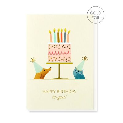 Tarjeta de cumpleaños de mascotas de fiesta | Tarjeta de cumpleaños de lujo con lámina dorada