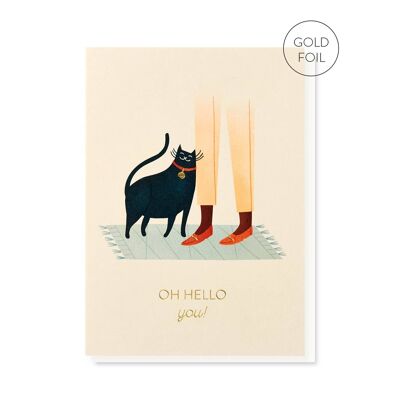 Hola, gato, tarjeta de felicitación | Tarjeta de lujo con lámina dorada