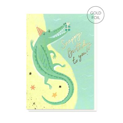 Biglietto di compleanno scattante con coccodrillo | Carta in lamina d'oro | Carte per bambini