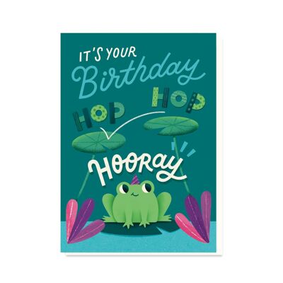 Tarjeta de cumpleaños de la rana Hop Hop Hurra | Tarjeta de cumpleaños para todas las edades