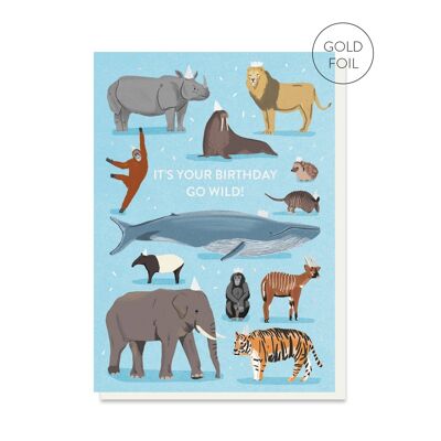 Vaya tarjeta de cumpleaños de animales salvajes | Tarjeta de lujo con lámina dorada
