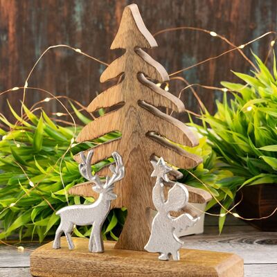 Figura de madera Árbol de Navidad con ciervo y ángel 20x27cm Decoración navideña madera de mango aluminio