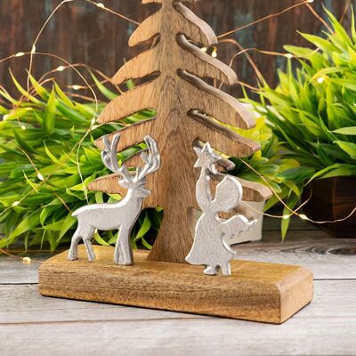 Holzfigur Weihnachtsbaum mit Hirsch u. Engel 20x27cm Weihnachtsdeko Mangoholz Aluminium