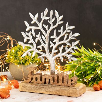 Figura decorativa árbol de la vida con letras familia madera 20x27cm aluminio madera mango