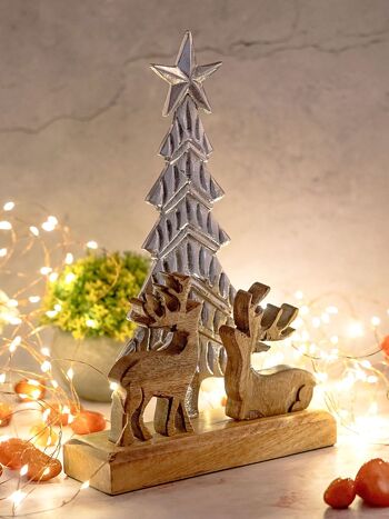 Figurine décorative sapin de Noël avec cerf 20x31cm décoration de Noël bois de manguier aluminium 1