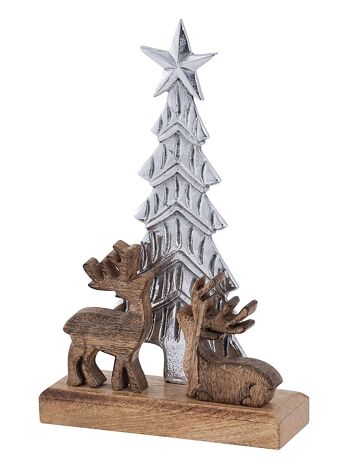 Figurine décorative sapin de Noël avec cerf 20x31cm décoration de Noël bois de manguier aluminium 2