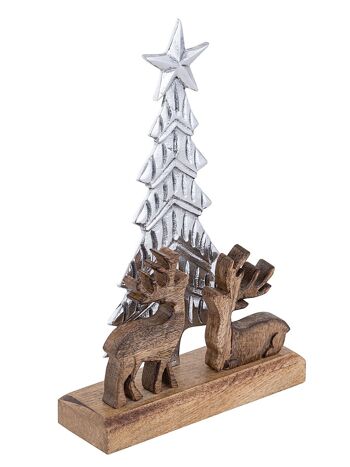 Figurine décorative sapin de Noël avec cerf 20x31cm décoration de Noël bois de manguier aluminium 3