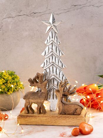 Figurine décorative sapin de Noël avec cerf 20x31cm décoration de Noël bois de manguier aluminium 5