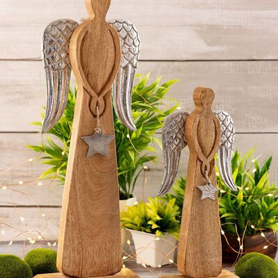 Figurine d'ange décorative lot de 2 12/16x32/47cm support de décoration de Noël bois de manguier aluminium