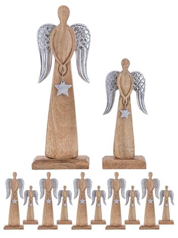 Lot de 2 figurines d'ange décoratives 13/17x32/47cm Boîte maîtresse de décoration de Noël 6 pièces en bois de manguier 1