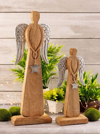 Lot de 2 figurines d'ange décoratives 13/17x32/47cm Boîte maîtresse de décoration de Noël 6 pièces en bois de manguier 2