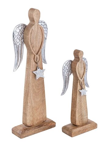 Lot de 2 figurines d'ange décoratives 13/17x32/47cm Boîte maîtresse de décoration de Noël 6 pièces en bois de manguier 3