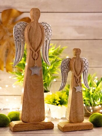 Lot de 2 figurines d'ange décoratives 13/17x32/47cm Boîte maîtresse de décoration de Noël 6 pièces en bois de manguier 7