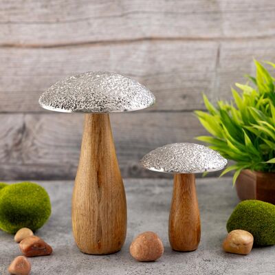 Figure decorative set di 2 funghi H20/12x13/10 cm con supporto in legno di mango aspetto fungo in alluminio