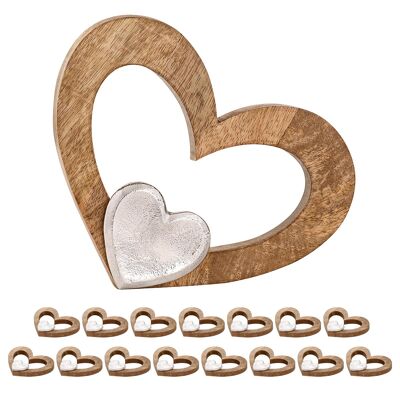 Figurine décorative coeur 27x21cm figurine en bois Masterbox 16 pièces Herzilein bois de manguier aluminium