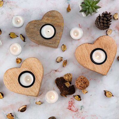 Tealight holder set of 3 candlesticks tealights 12x11cm Herzilein candle holder mango wood