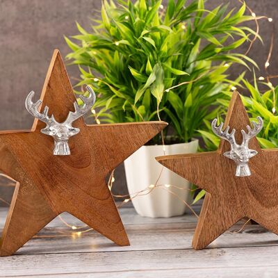 Wooden figure star set of 2 with deer head size 25/19cm stand mango wood aluminum