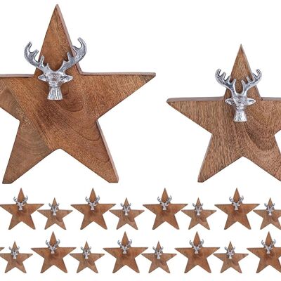 Wooden star figure set of 2 with deer head size 25/19cm Masterbox 10-piece stand mango wood