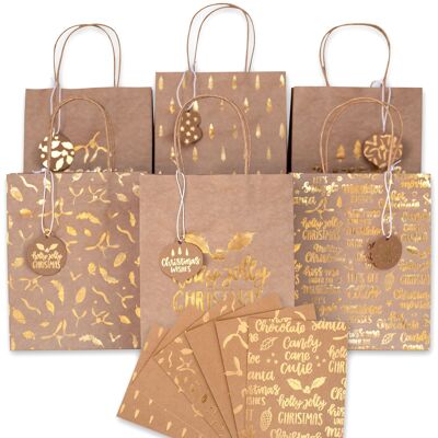 6 sacchetti con manici in carta da regalo laminata oro Holly Jolly