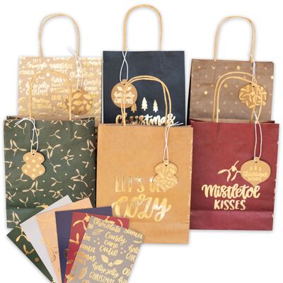 6 sacchetti con manico in carta da regalo laminata oro. Motivo natalizio