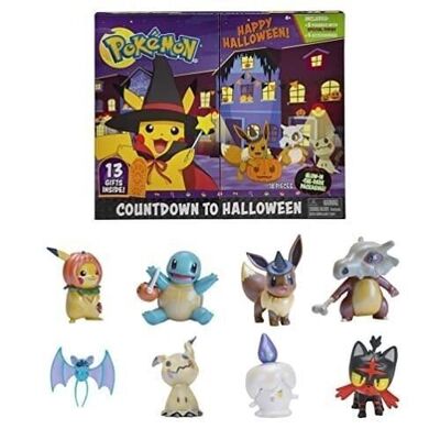 Bandai – Pokémon – Halloween-Kalender – 8 Figuren und 5 Zubehörteile – Pikachu, Eevee, Squirtle, Osselait, Nosferapti, Mimiqui, Flamiaou, Funécire – Ref: JW2385