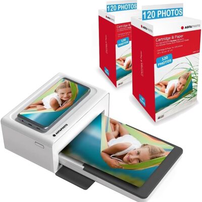 AGFA PHOTO Pack Imprimante Realipix Moments + Cartouches et papiers 240 Photos supplémentaires - Impression Bluetooth Photo 10x15 cm Smartphone Apple et Android, 4Pass Sublimation Thermique - Blanc