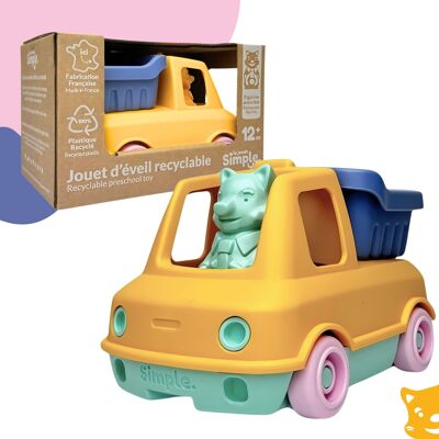 Le Jouet Simple, Camion Benne et Figurine, Fabriqué en France, 100% en Plastique Recyclé et Recyclable, Lavable au Lave-vaisselle, Cadeau Enfant Fille et Garçon Dès 1 An, Jouet Éducatif pour la Plage - Jaune