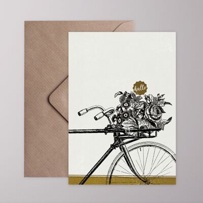 Carte de voeux - bonjour - vélo fleur