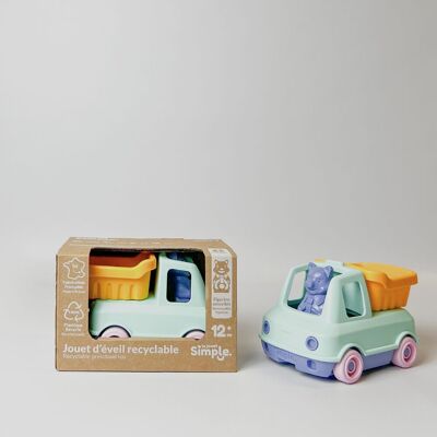 Toy vehicle, Dump truck with figurine, Made in France in recycled plastic, Gift 1-5 years old, Easter, Turquoise