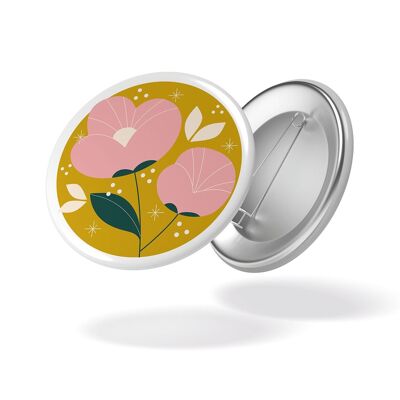 Au jardin - Badge Pivoines fond jaune #102